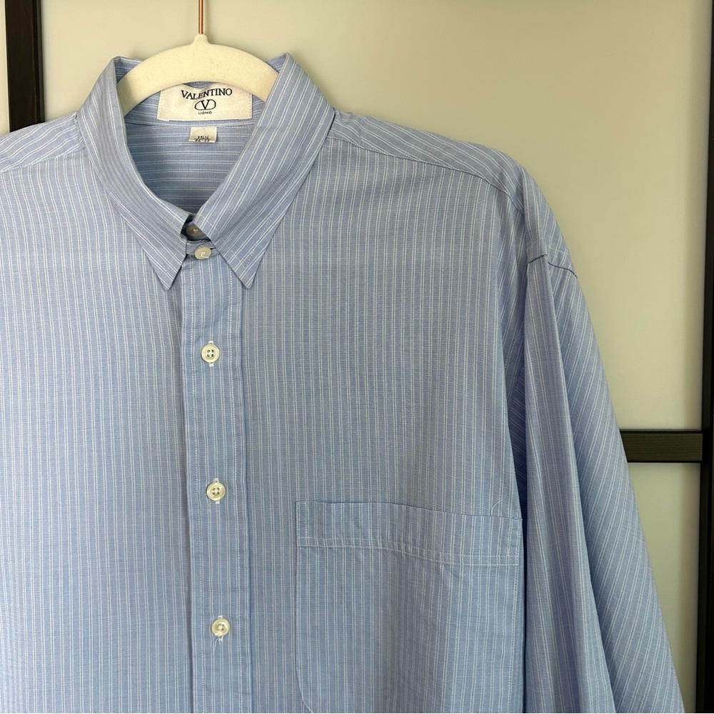 [15.5”] Valentino Vintage Sky Blue Striped Structured Long Sleeve Dress Shirt